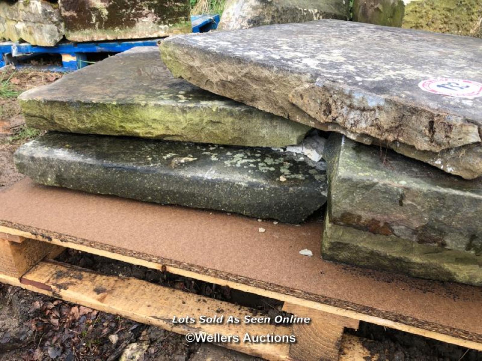 FIVE PIECES OF YORKSTONE PAVING, VARIOUS SIZES, LARGEST 61CM W X 63CM L
