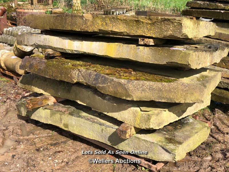 FIVE LARGE PIECES OF YORKSTONE, LARGEST APPROX. 180CM L X 80CM W