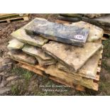 THIRTEEN PIECES OF YORKSTONE CRAZY PAVING, VARIOUS SIZES, LARGEST 80CM L X 28CM W