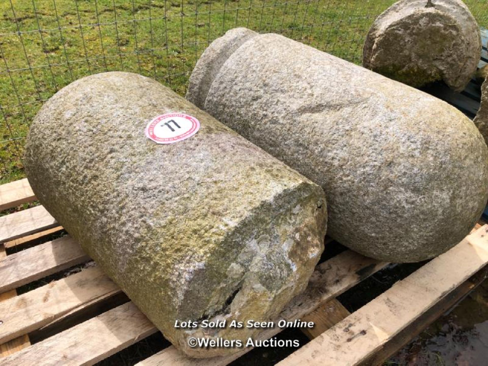 TWO STONE OR CONCRETE BOLLARDS aka JOSTLE STONES, EACH APPROX. 60CM H - Image 2 of 2