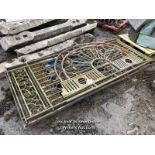 SET OF IRON PANELS AND ECCENTRIC CENTRE PIECE, PANELS 240CM H X 100CM W, CENTRE PIECE 180CM W X