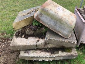 FOUR CONCRETE SLABS, CAST IRON TROUGH AND 1X PIECE OF YORKSTONE