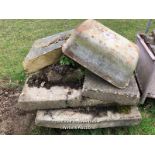 FOUR CONCRETE SLABS, CAST IRON TROUGH AND 1X PIECE OF YORKSTONE