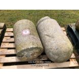 TWO STONE OR CONCRETE BOLLARDS aka JOSTLE STONES, EACH APPROX. 60CM H