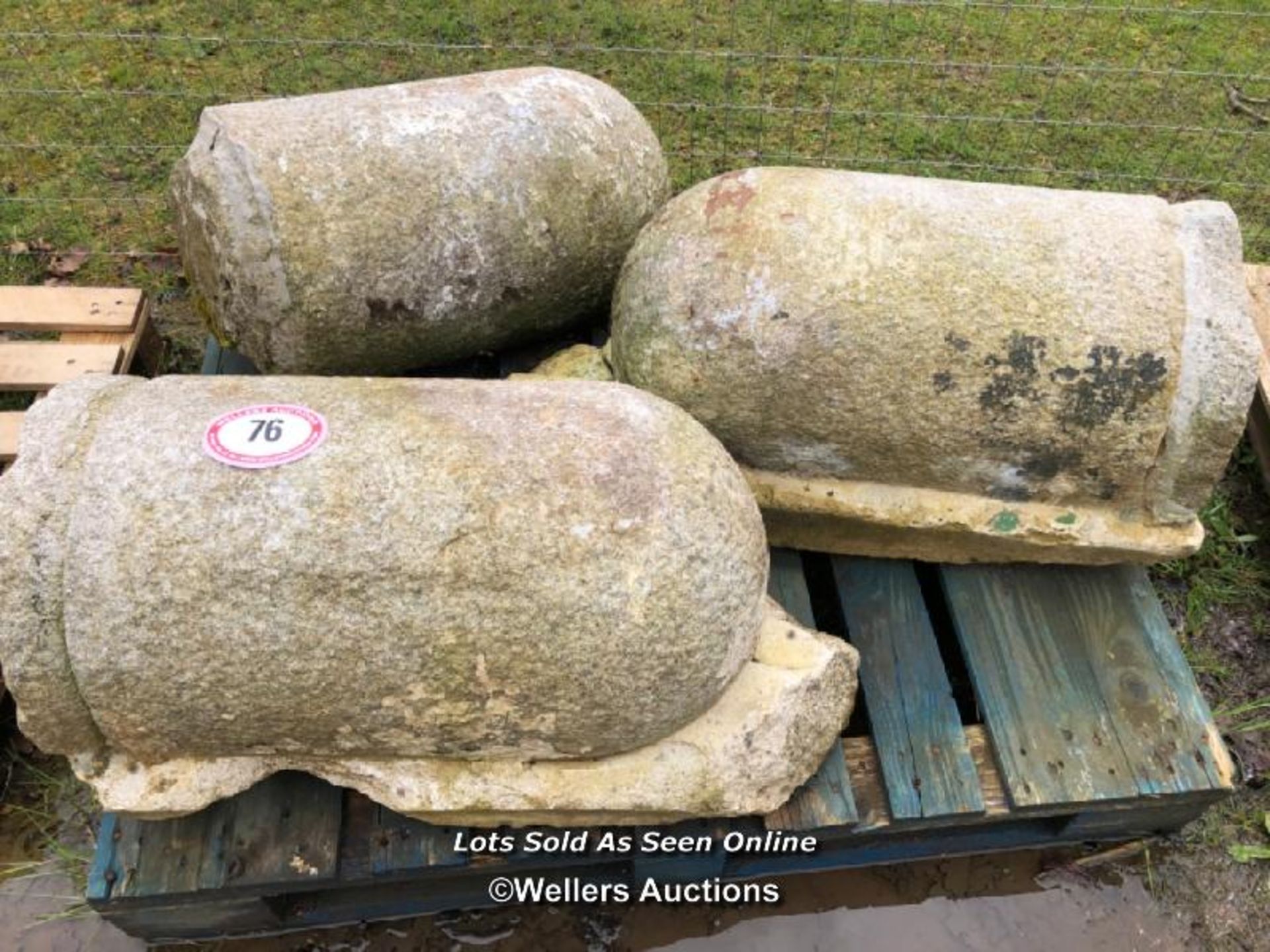 THREE STONE OR CONCRETE BOLLARDS aka JOSTLE STONES, EACH APPROX. 60CM H