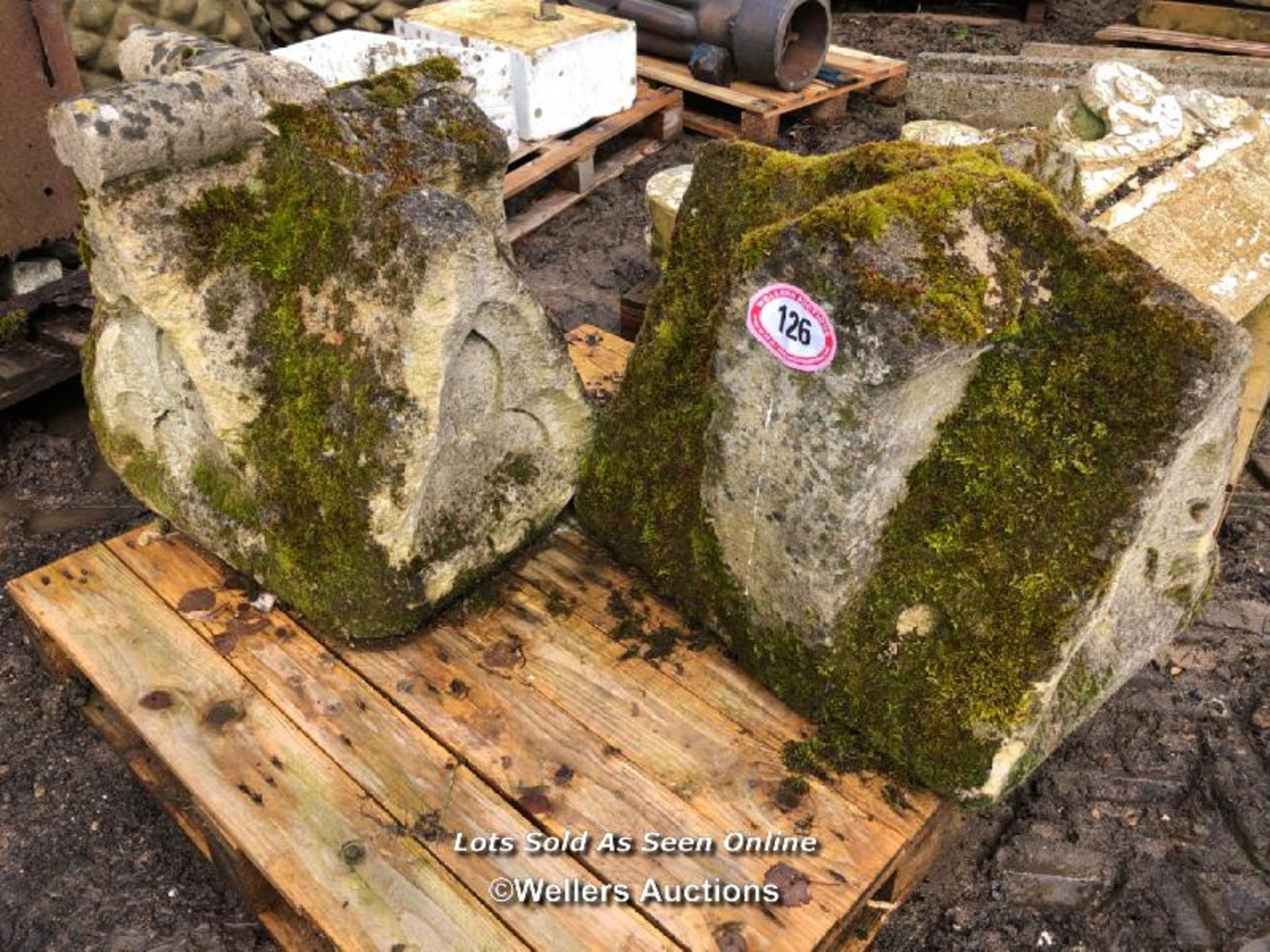 PAIR OF STONE PIER CAPS WITH CRUCIFORM DESIGN TOP, SOME RESTORATION REQUIRED, EACH APPROX. 63CM H - Image 2 of 5