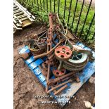PALLET OF ASSORTED MACHINERY PARTS AND IRONMONGERY, INCL. WINCHES, C-BOLTS ETC.