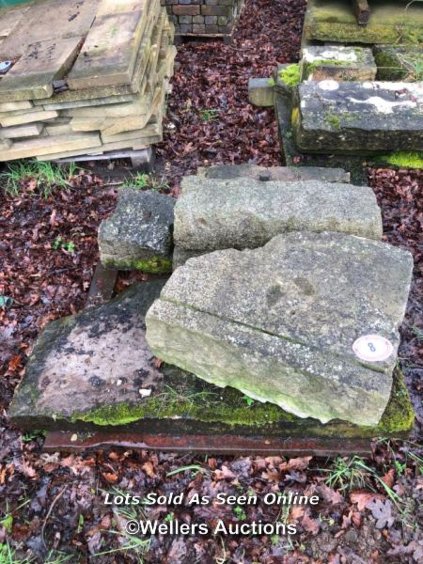 FIVE PIECES OF VARIOUS YORKSTONE, LARGEST 122CM L X 60CM W X 10CM D