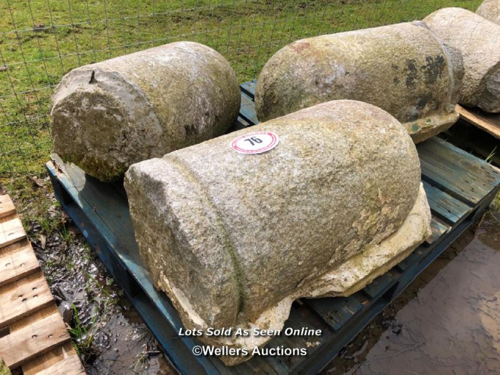 THREE STONE OR CONCRETE BOLLARDS aka JOSTLE STONES, EACH APPROX. 60CM H - Image 2 of 2