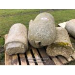 FOUR STONE OR CONCRETE BOLLARDS aka JOSTLE STONES, EACH APPROX. 60CM H