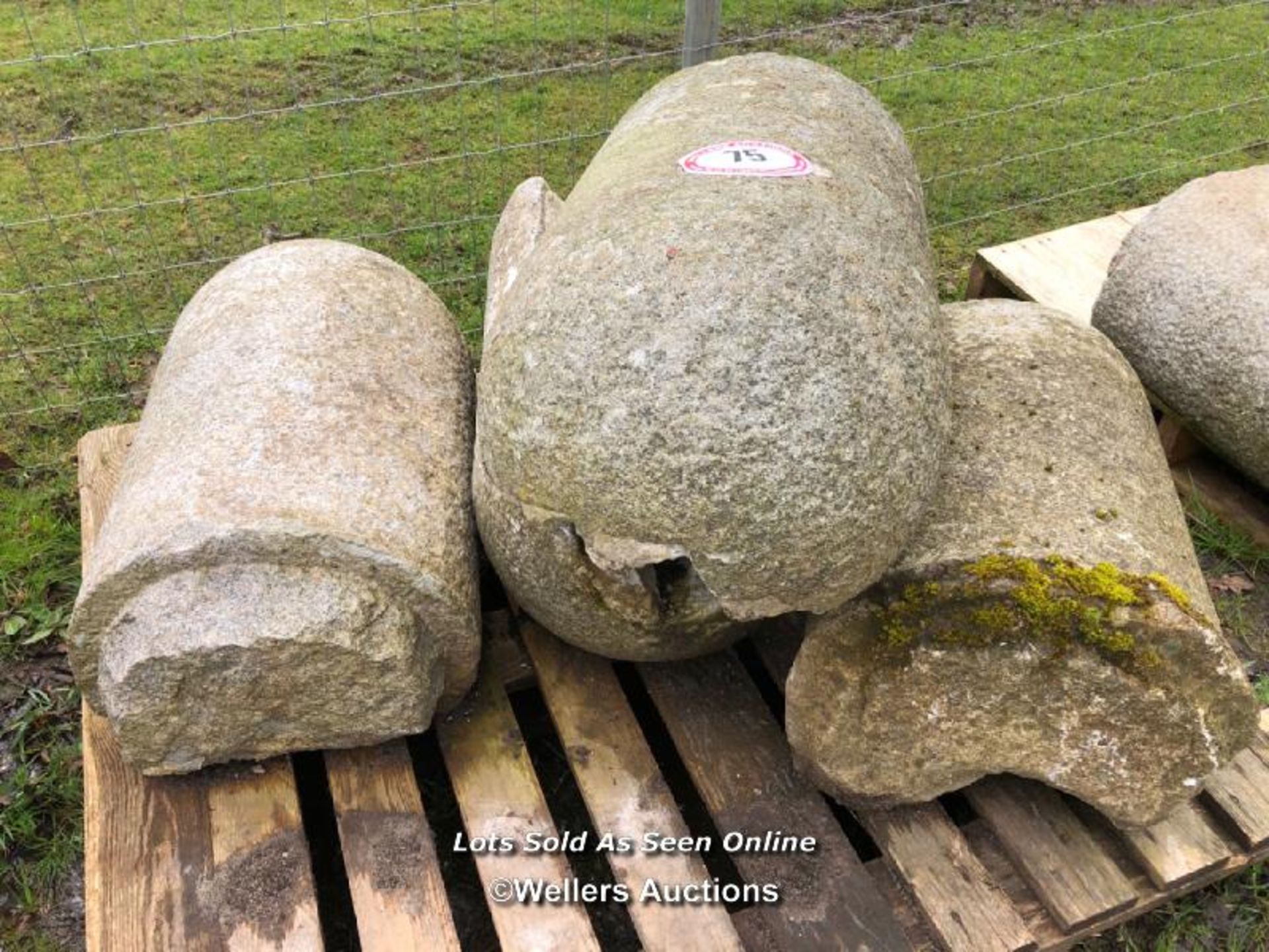 FOUR STONE OR CONCRETE BOLLARDS aka JOSTLE STONES, EACH APPROX. 60CM H