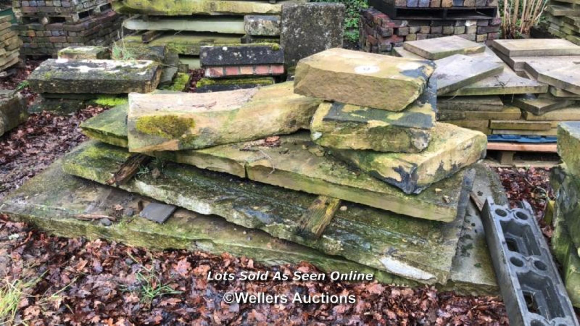 SEVEN LARGE PIECES OF YORKSTONE, LARGEST 100CM W X 270CM L X 15CM D