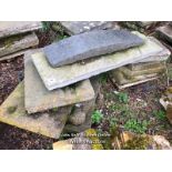 EIGHT PIECES OF YORKSTONE AND A SINGLE PIECE OF LARGE ARCHED MARBLE, LARGEST 82CM W X 120CM L,
