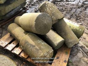 FIVE CONCRETE BOLLARDS, EACH APPROX. 90CM H X 20CM DIA