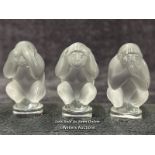 Three Lalique frosted crystal Monkeys "See No Evil, Speak No Evil, Hear No Evil" signed, 6cm