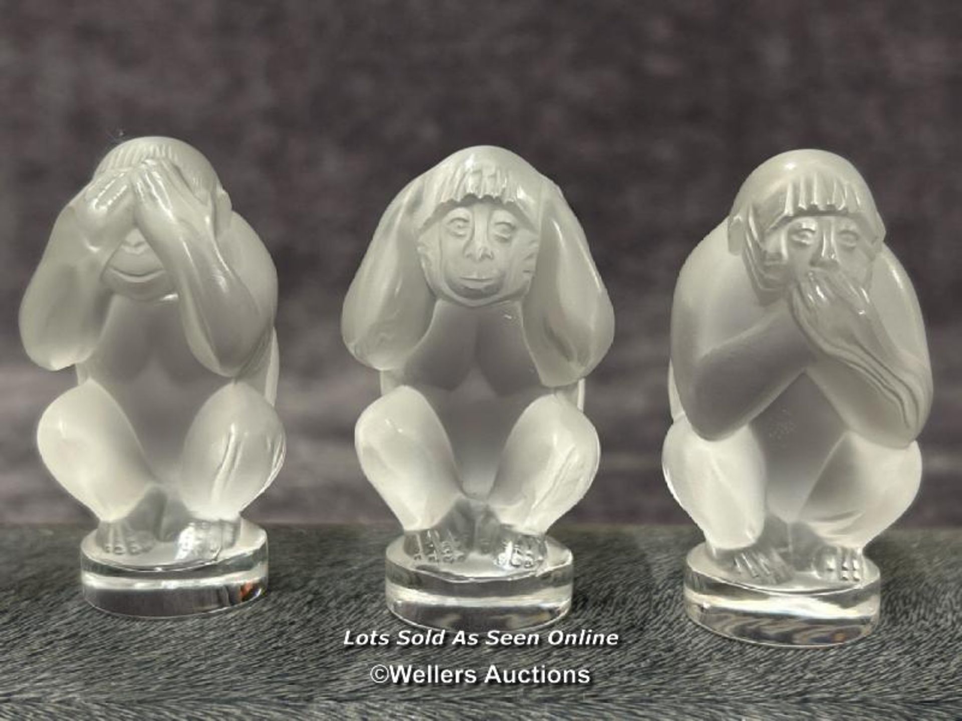 Three Lalique frosted crystal Monkeys "See No Evil, Speak No Evil, Hear No Evil" signed, 6cm