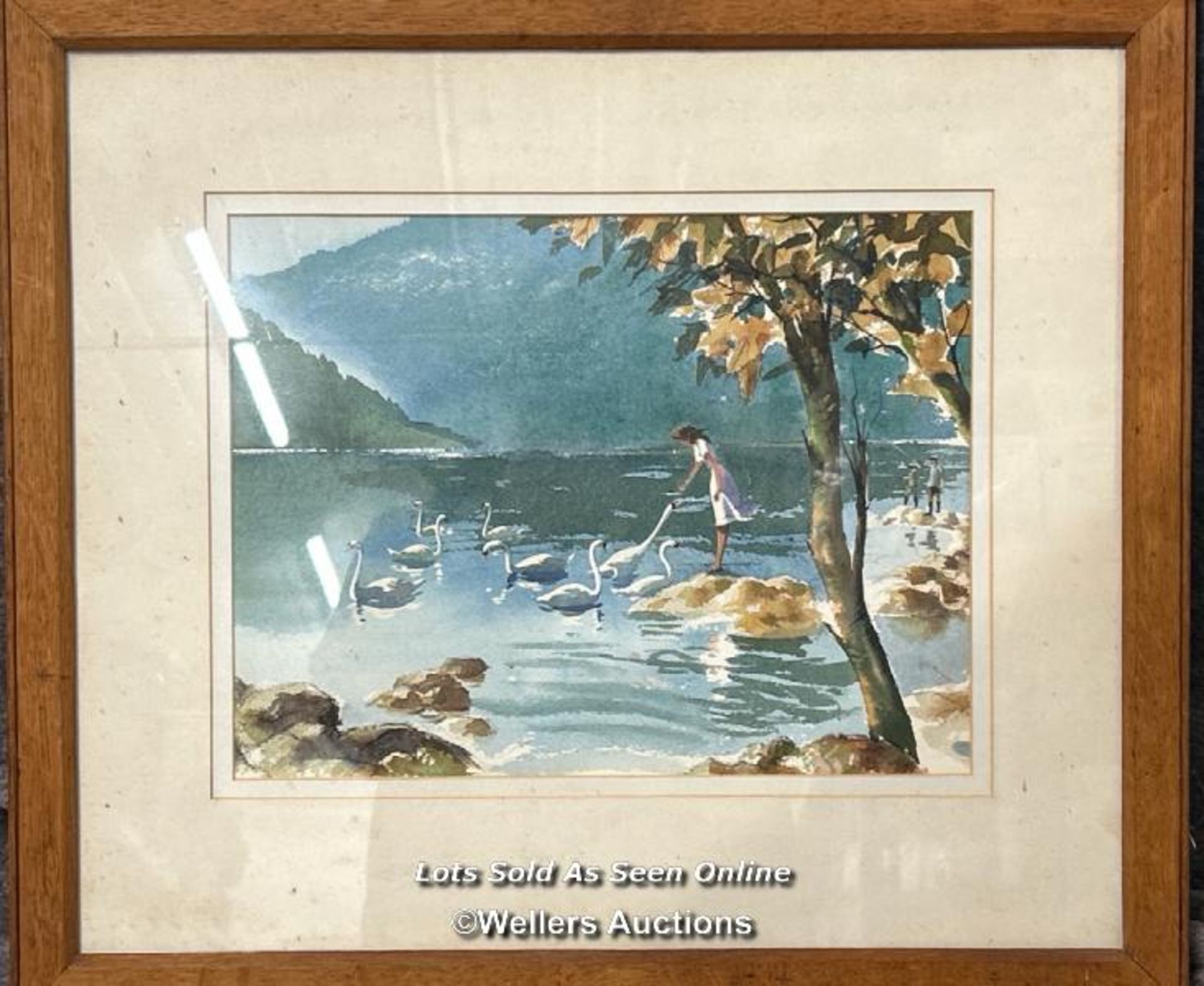Bernard Bays (1910-1994) "Feeding the Swans" watercolour, signed, 32x25cm