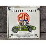 M.G. "Safety Fast!" enamel sign featuring the 1933 M.G. Magnette 'K' series sports car, 22x22cm /
