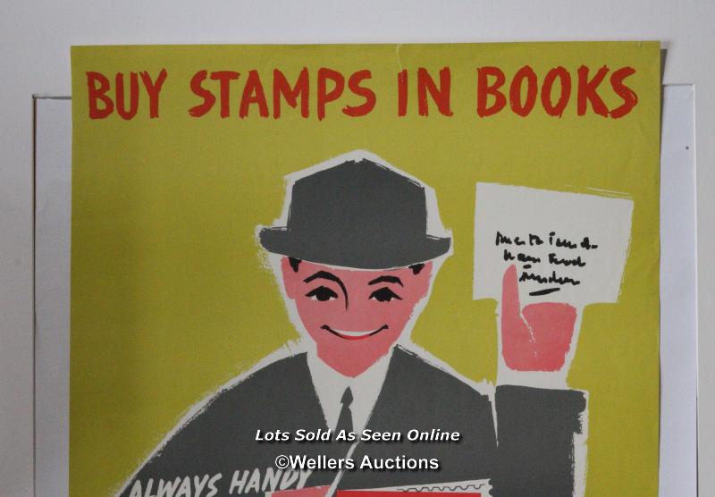 Vintage 1958 G.P.O poster by Huveneers (Pieter born 1925) "Buy Stamps in Books" , PRD 985, 76 x 51 - Image 5 of 6