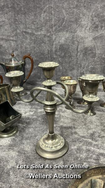 A large collection of antique metal plated items including a three armed candelabra, goblets, - Image 2 of 17