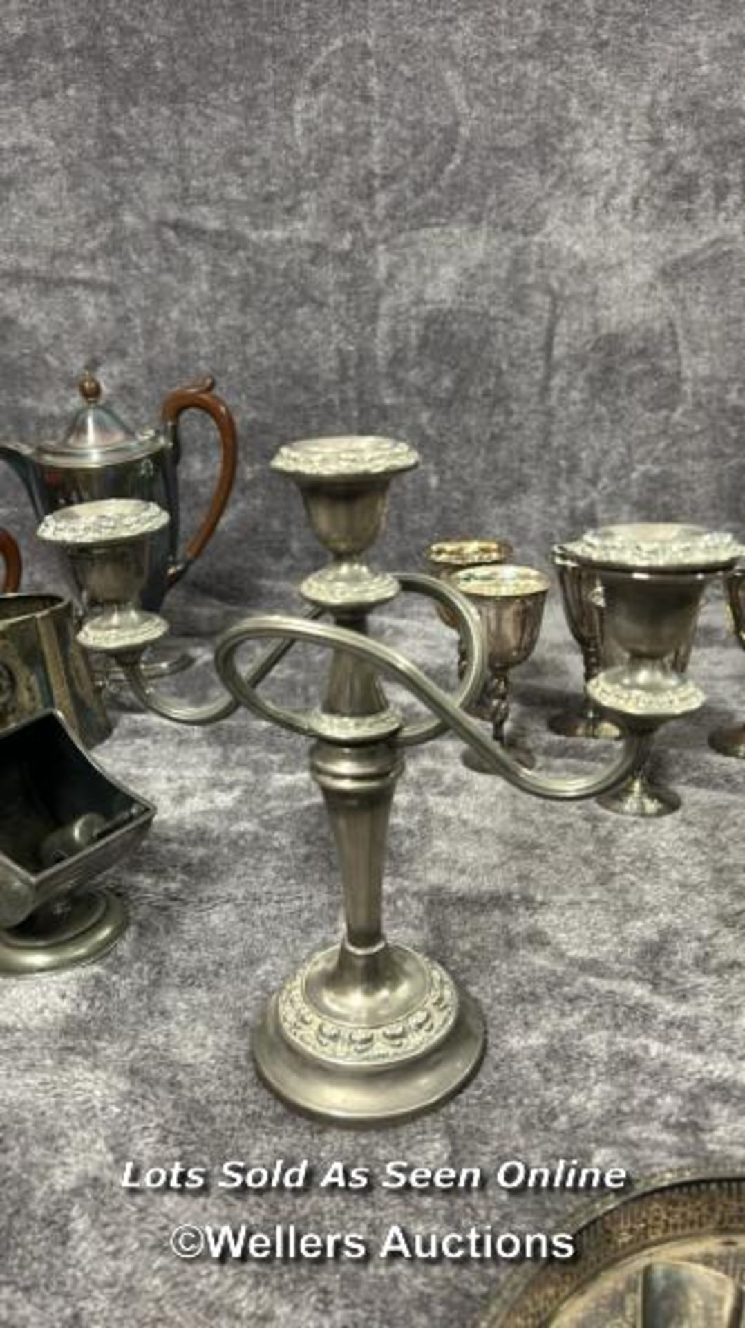 A large collection of antique metal plated items including a three armed candelabra, goblets, - Image 2 of 17
