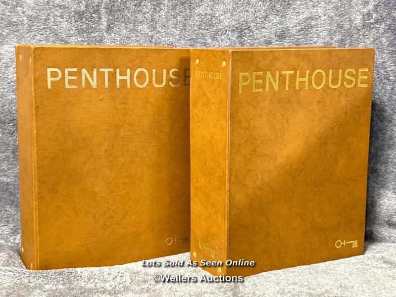 Vintage Penthouse magazines in two binders, vol. 9 issues 1-12, 1974 and vol.10 issues 1-12,