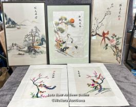 Five Chinese silk embroidered pictures depicting birds and scenery, two unframed, largest 42 x