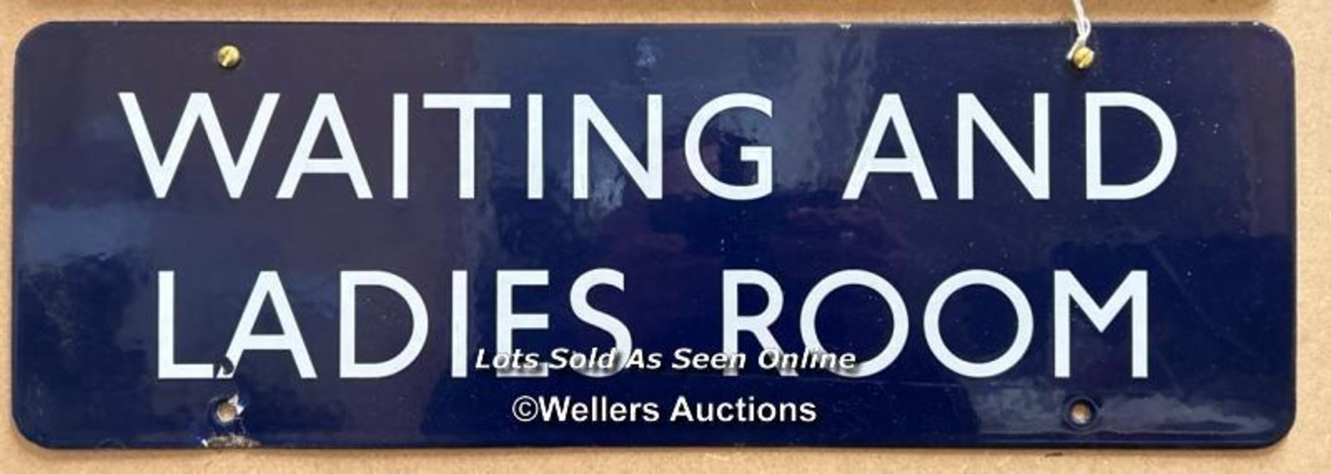 Vintage enamel railway sign "WAITING AND LADIES ROOM", 45.5x15cm