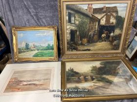 Four original paintings including A.M. Allen farm scene oil on canvas, 59 x 49cm