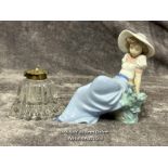 Lladro Nao figure "Girl Listening to Bird" and glass ink well with brass lid / AN34