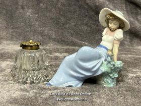 Lladro Nao figure "Girl Listening to Bird" and glass ink well with brass lid / AN34
