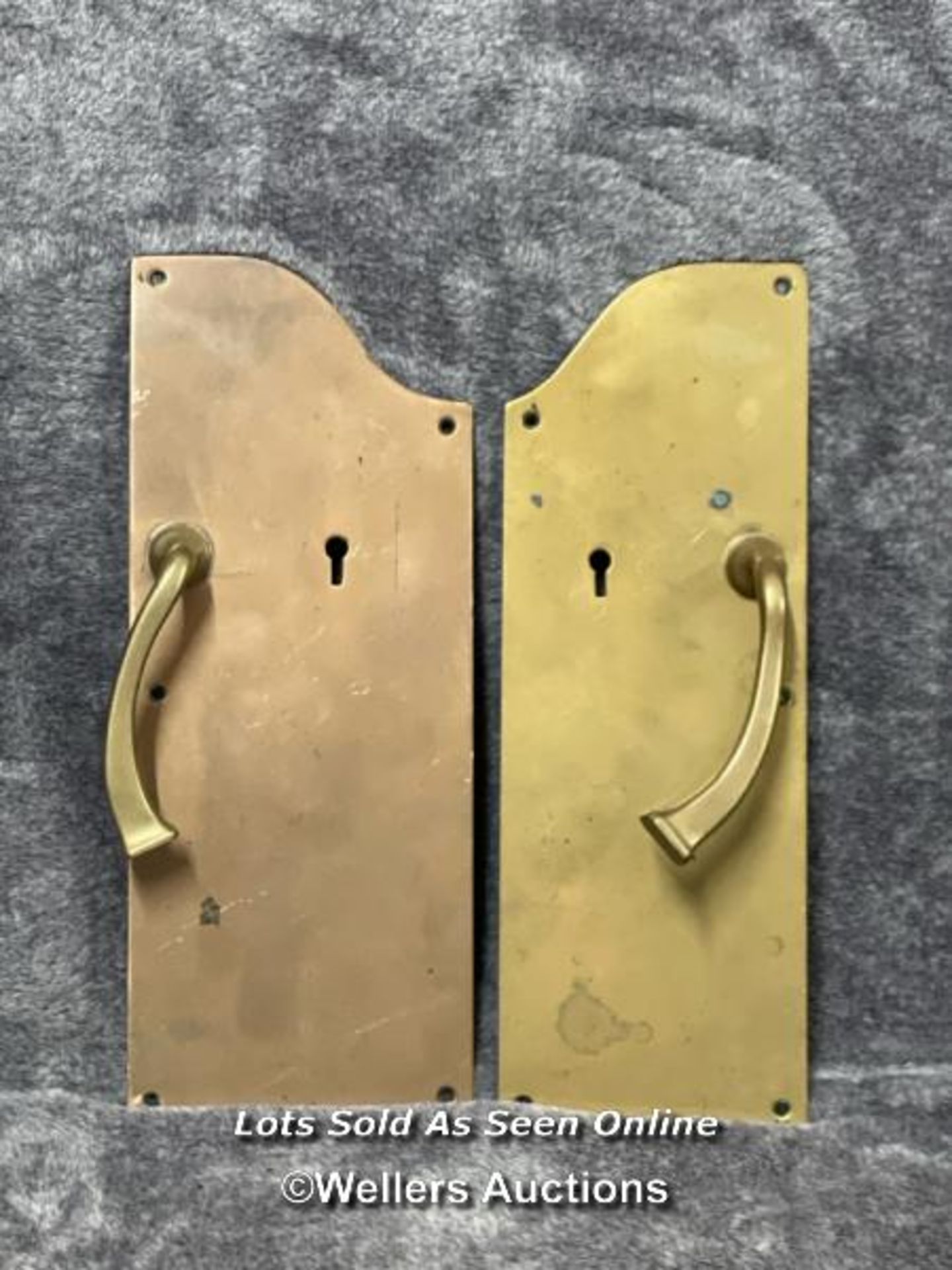 Two similar brass pull handles mounted on shaped back plate, in similar style to those at the famou