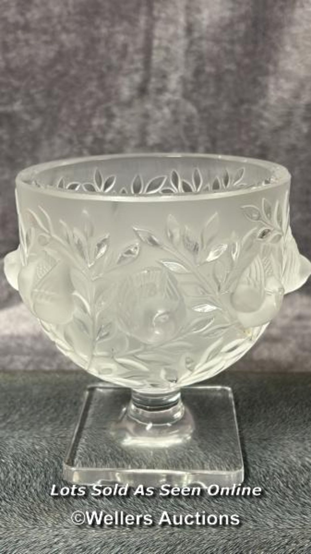 Lalique France 'Elizabeth' frosted crystal vase decorated with birds and vines, 13.5cm high, - Image 2 of 4