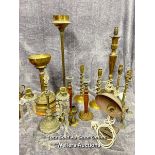 Collection of brass lamps and candle holders including a pair of twisted candle sticks, vintage desk