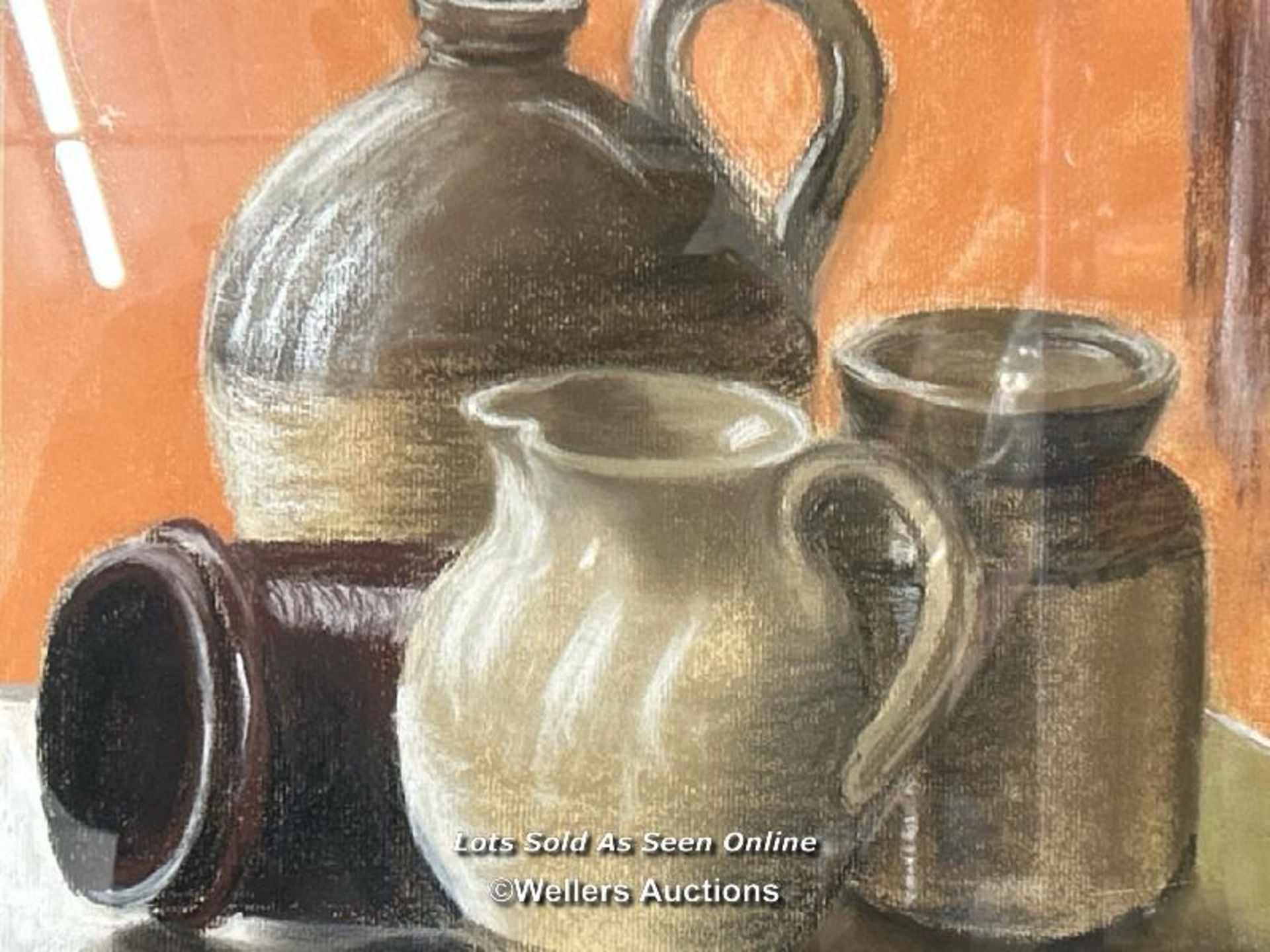 Still life pastel drawing of earthware, signed indistinctly, 37x26.5cm - Image 2 of 4
