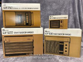 Four boxed vintage Winfield transister radios and cassette recorder, from the private collection
