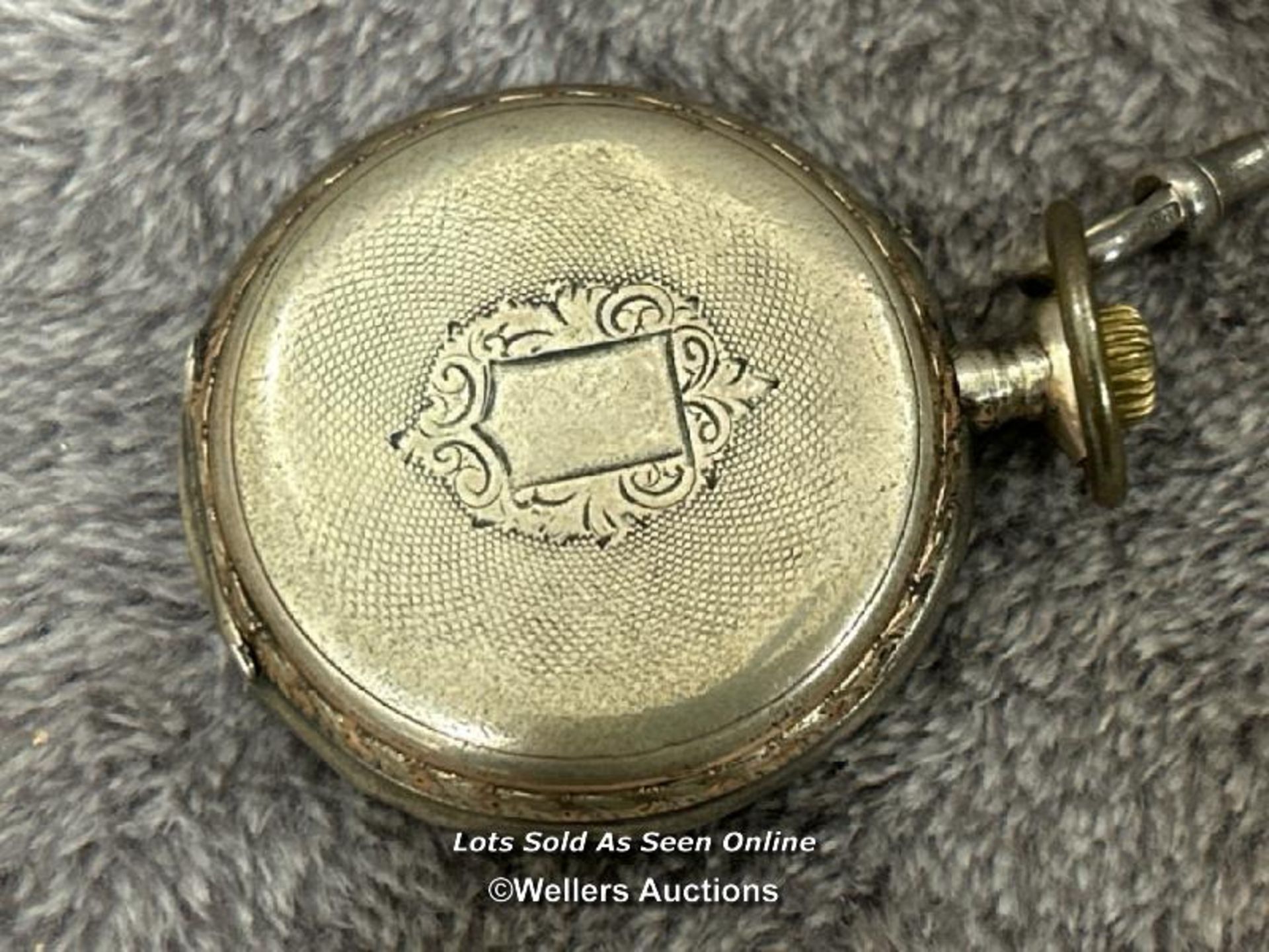 Three open face pocket watches, two with watch chains, a pendant watch on chain, a silver napkin - Image 11 of 13