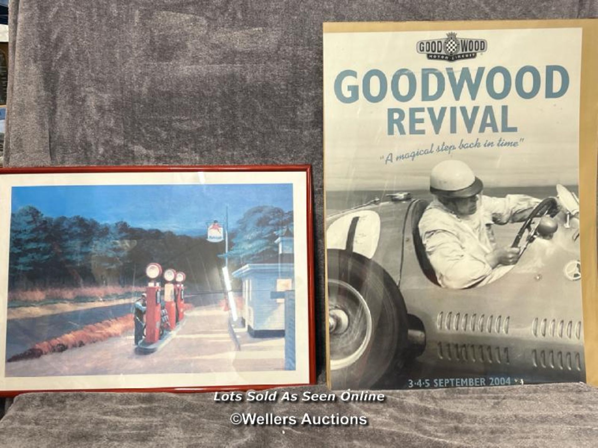 Goodwood Revival 2004 poster, 55 x 68cm and framed Edward Hopper gas station print, 70 x 50cm / AN25