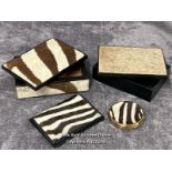 Vintage Zebra skin box, wallet and Stratton compact with one other animal skin box (probably