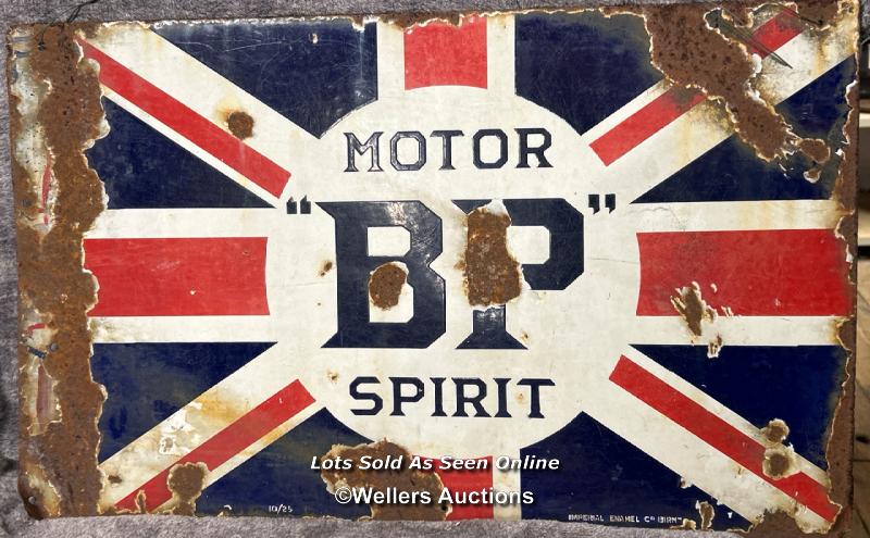 Vintage B.P. Motor Spirit double sided union jack enamel sign, 66x41cm / AN25