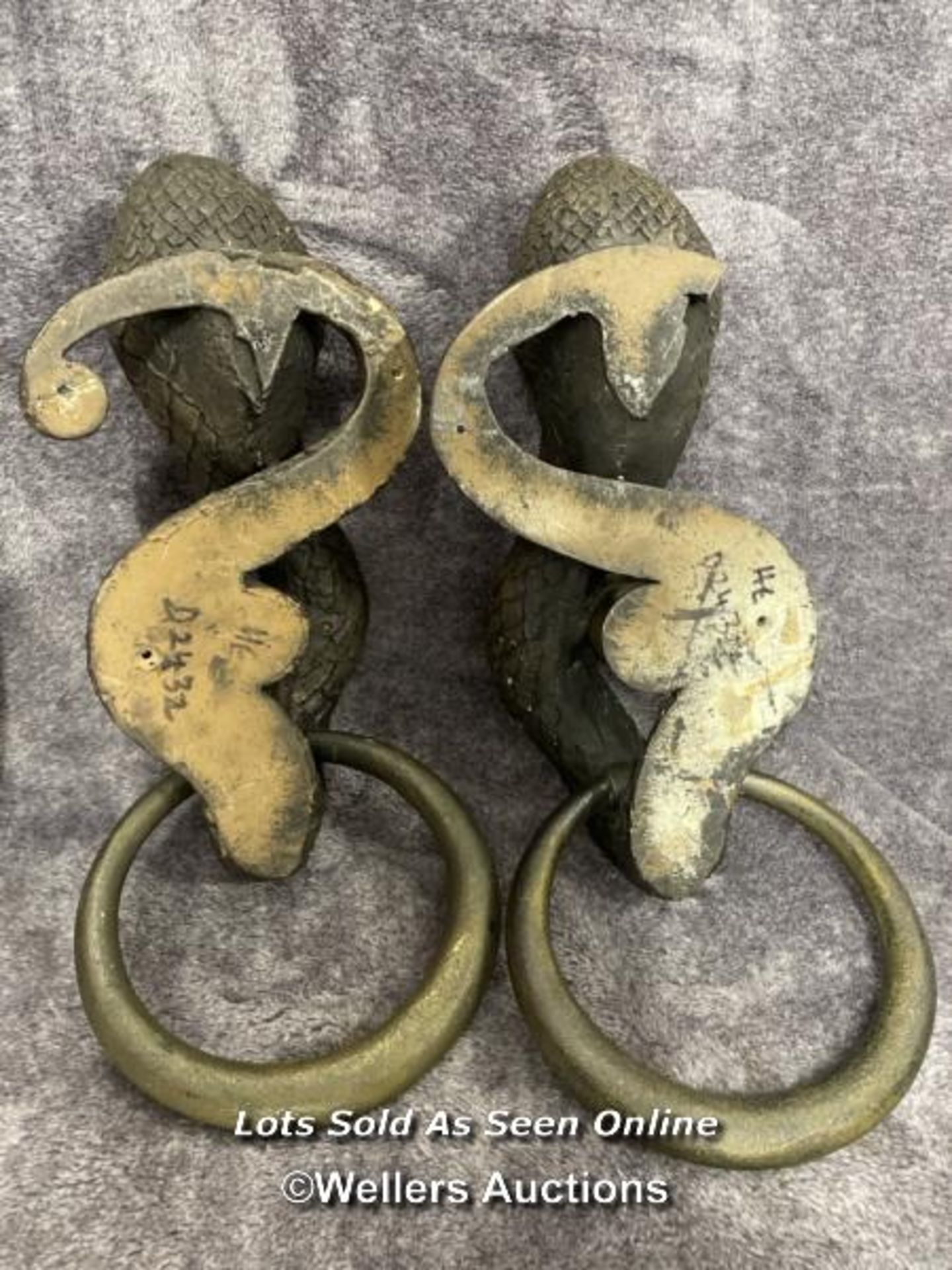 A pair of plaster bronze effect cobra door handles, 46cm high - Image 4 of 4