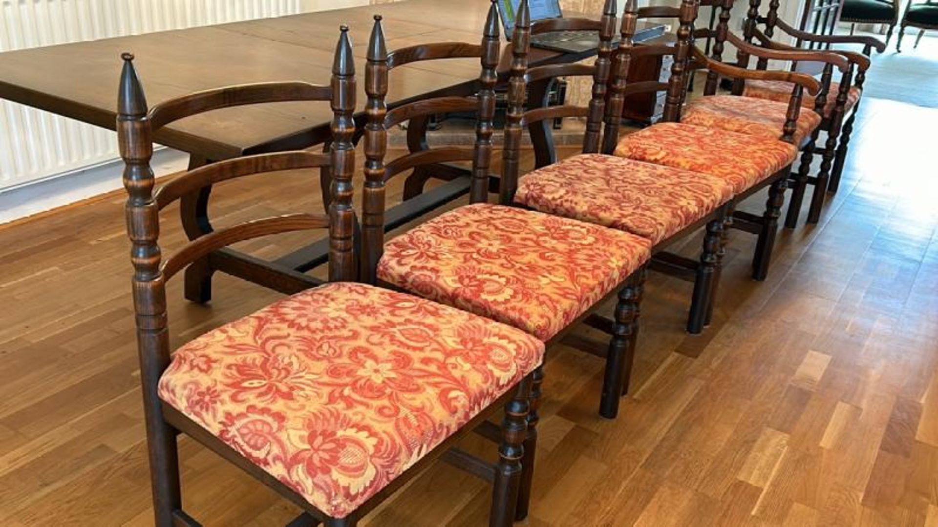 Matching set of four mahogany ladder back chairs, 51 x 46 x 94cm and two elbow chairs 57 x 54 x 94cm