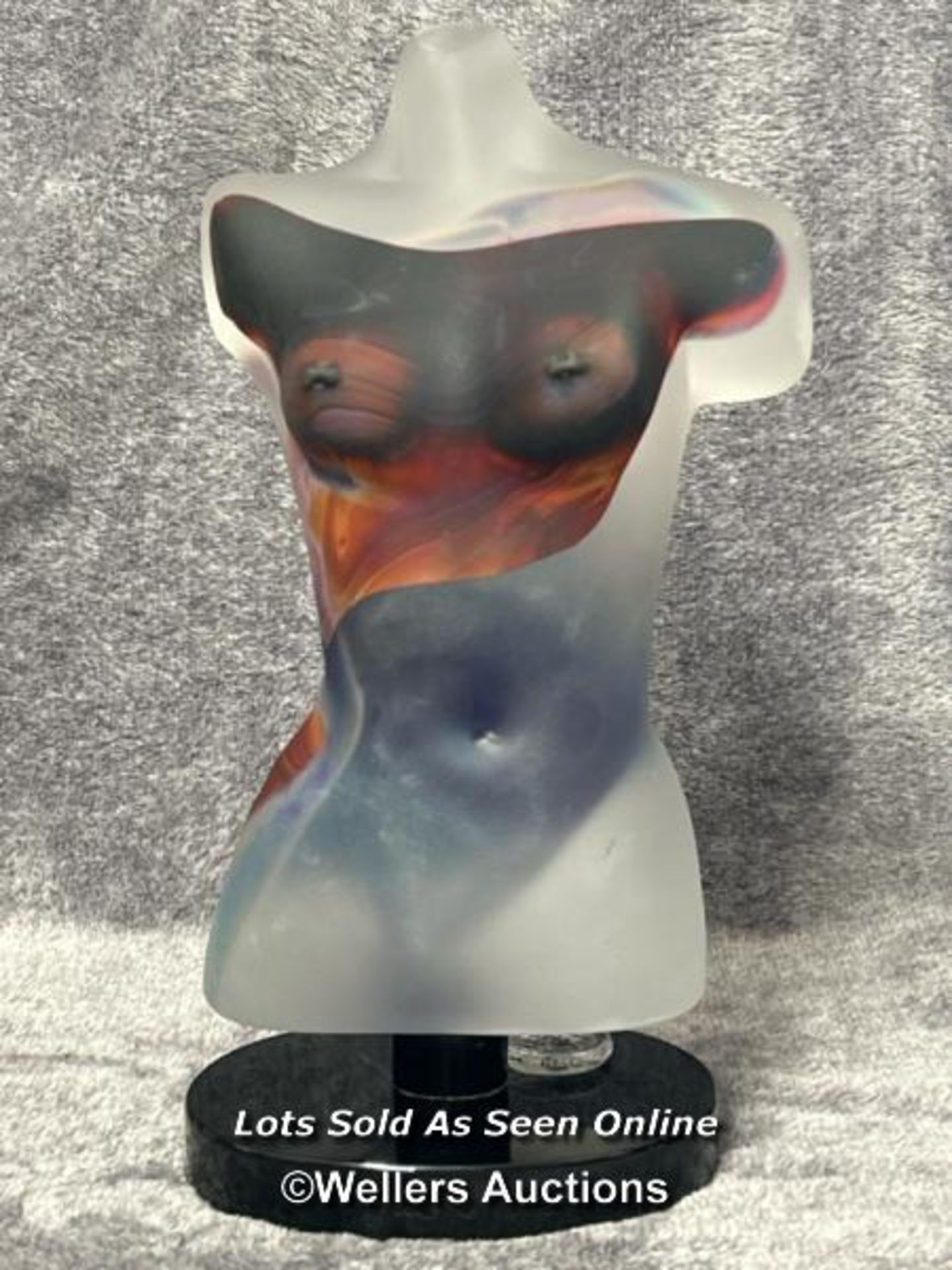 Dino Rosin (b. 1948) A Murano frosted glass sculpture of a female torso with coloured inclusions,