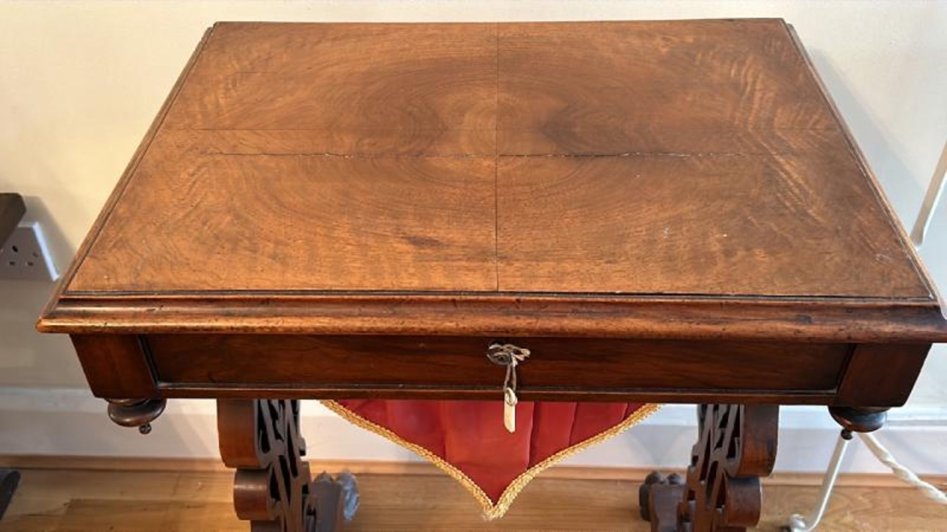 Antique walnut sewing table with sectional interior, clawed feet on casters and working lock with - Image 2 of 7
