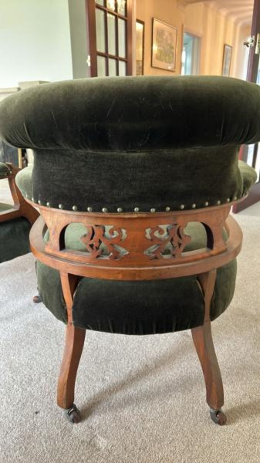 Pair of antique elbow chairs with green upholstery, 57 x 75 x 54cm (collection from private - Image 6 of 6