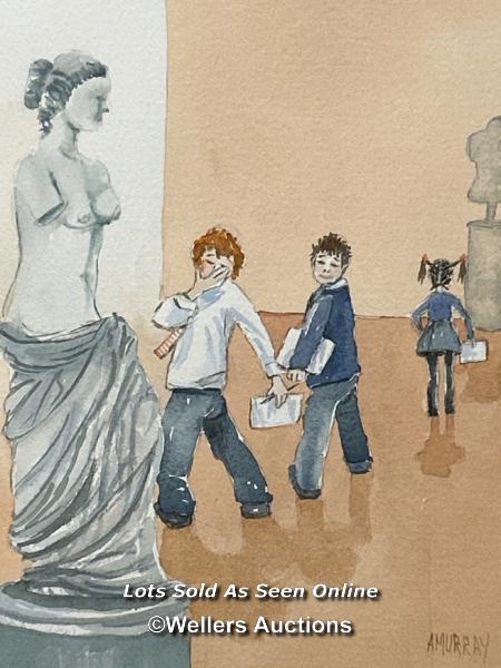 Framed watercolour of school children looking at Venus de Milo, signed A.Murray, 25.5 x 36cm - Image 2 of 4