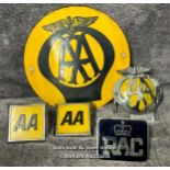 Enamel AA sign 20.5cm diameter, AA car badge no. 0Y45035, two square AA badges and one RAC badge /