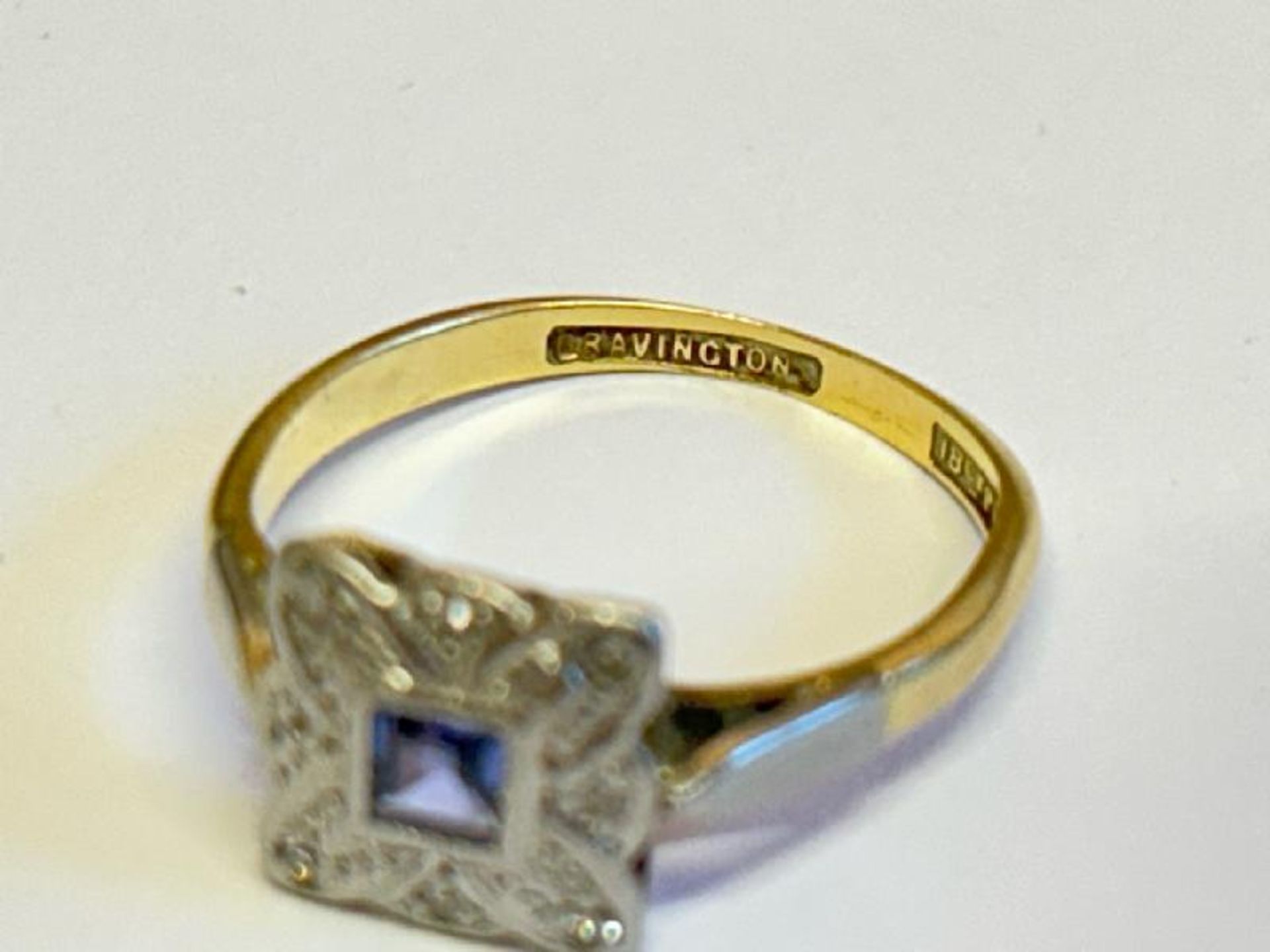 Square sapphire and diamond plaque style ring stamped Bravingtons 18ct and Plat. Ring size L, - Image 3 of 4