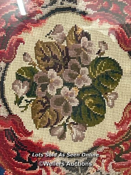 An oval floral tapestry in wooden frame (damaged), 54x63cm - Image 2 of 3
