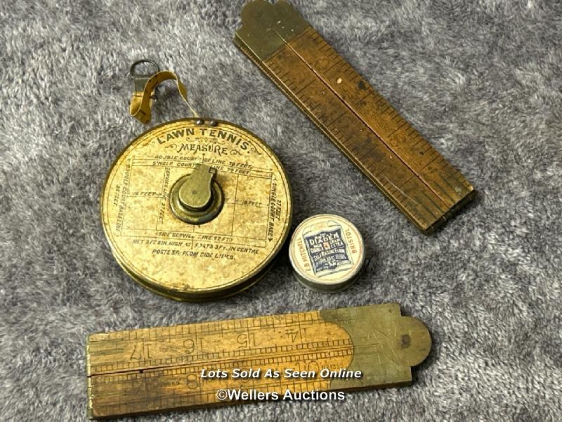 Vintage brass lawn tennis measure, small E.B Mitchell 'The Royal Diadem' tape measure and two